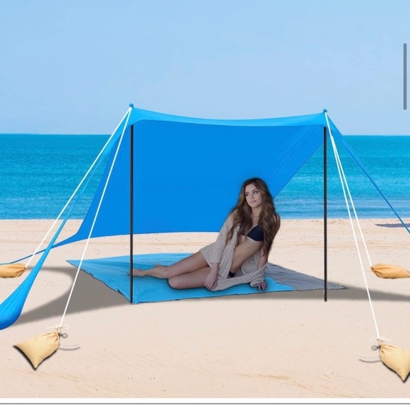 Beach Tent Sun Shelter UPF50+ Stability Poles Outdoor Shade Sky Blue 7.5x7.5FT - Picture 5 of 7